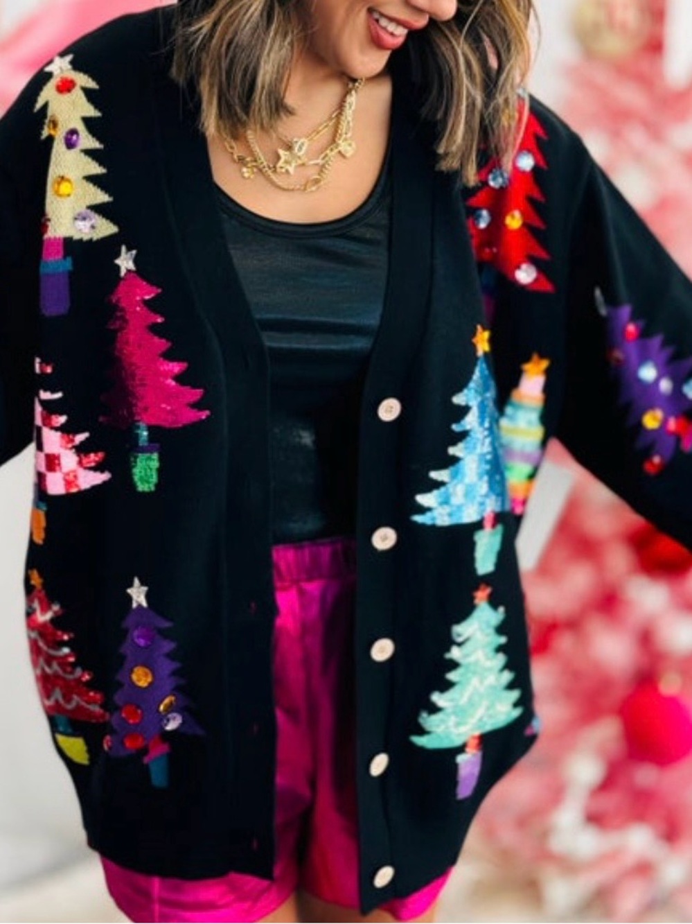 QUEEN OF SPARKLES Black Festive Tree Embellished Cardigan